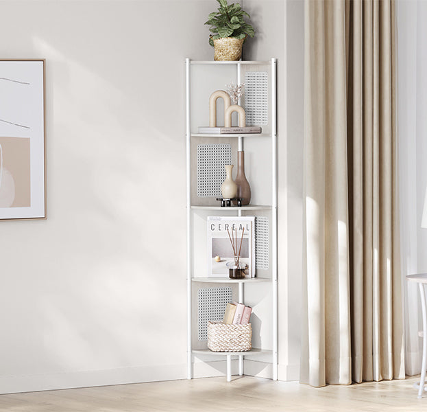 VASAGLE Raft de colt boho, cadru metalic, polite MDF si panouri poliratan, 32x32x156cm, alb