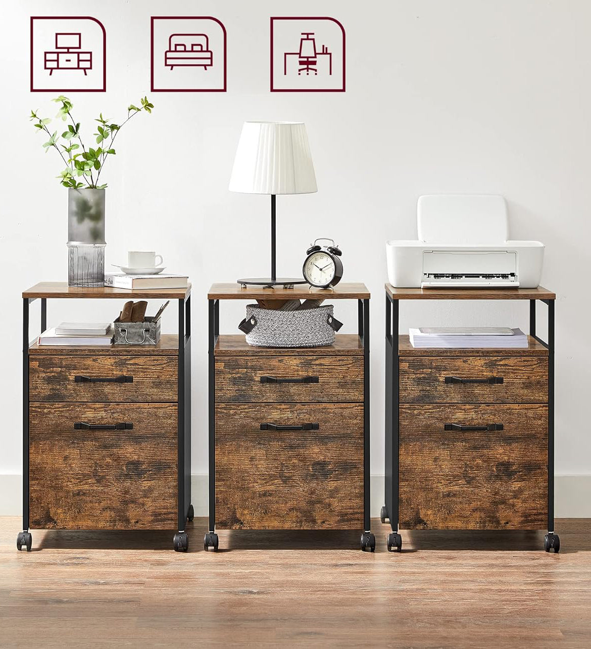 VASAGLE Dulap mobil tip rollbox pentru birouri, cu 2 sertare, stil industrial, 44x42x67cm, maro rustic