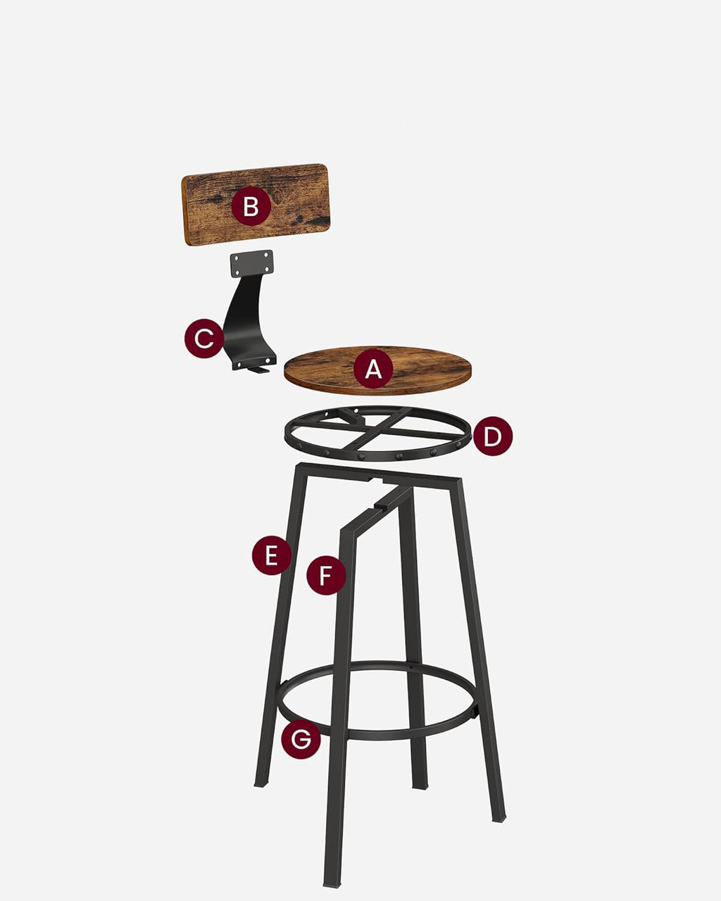 VASAGLE Set de 2 scaune de bar inalte cu spatar, cadru din otel, industrial, 54x99cm, maro rustic