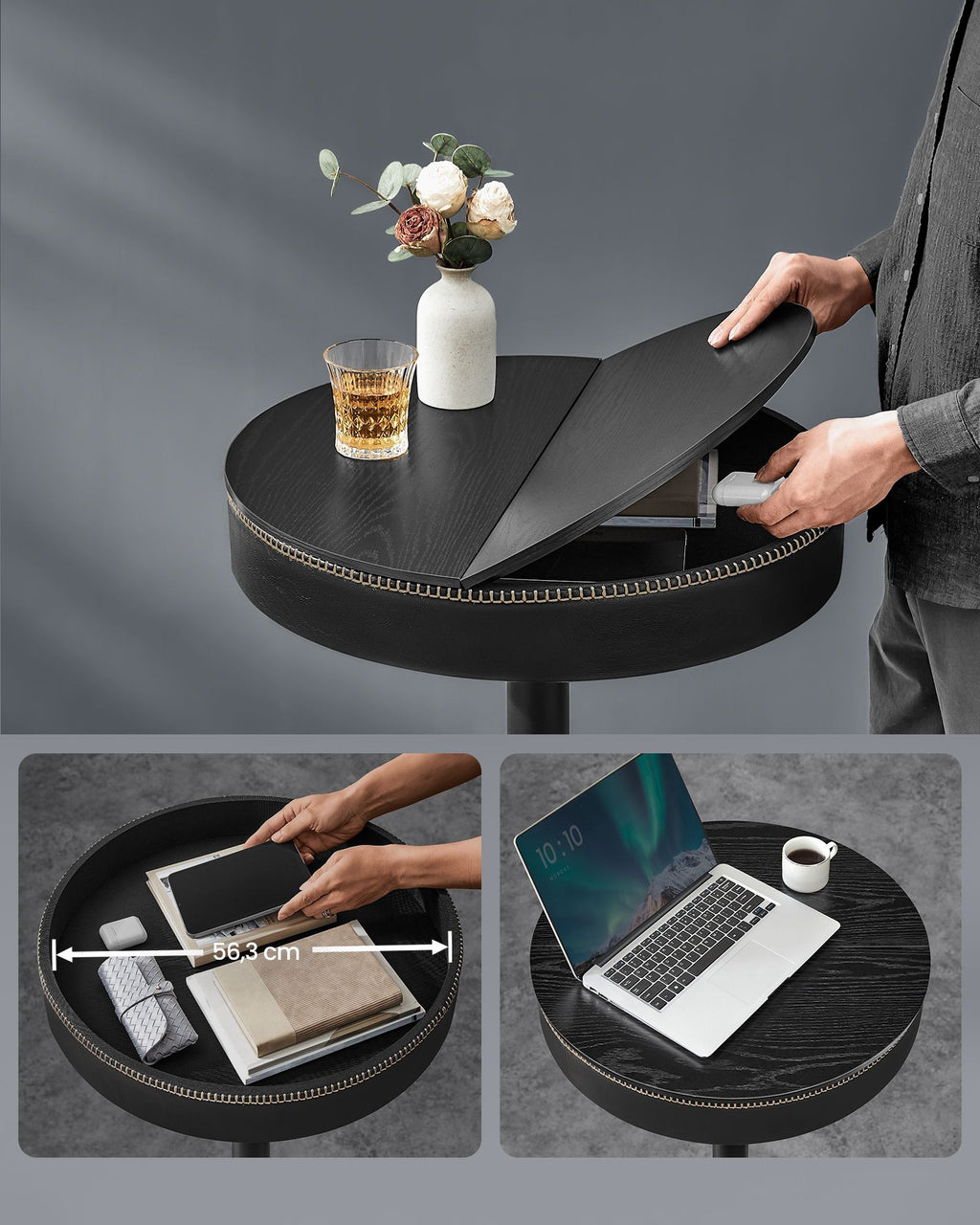 VASAGLE Masa de bar neagra, 59x59x(83-105) cm – inaltime reglabila, compartiment de depozitare