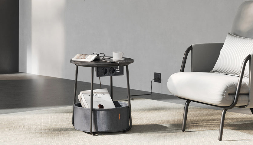 VASAGLE Masuta de cafea rotunda cu cos de stofa, statie de incarcare 2 prize si 2 USB, 45x50cm, negru