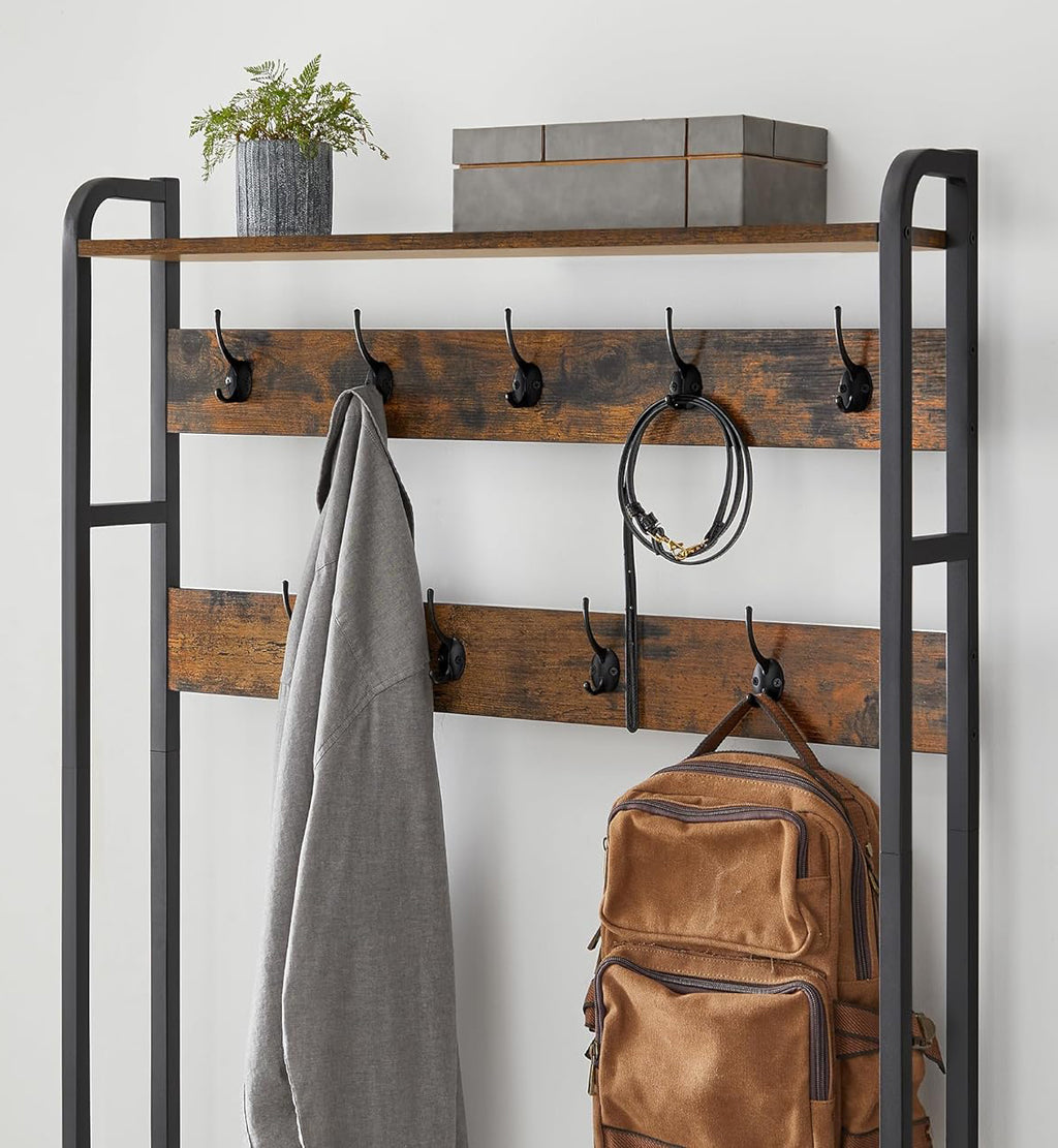 VASAGLE Cuier cu dulap de depozitare pantofi, cadru din otel, stil industrial, 32x85x180cm, maro rustic