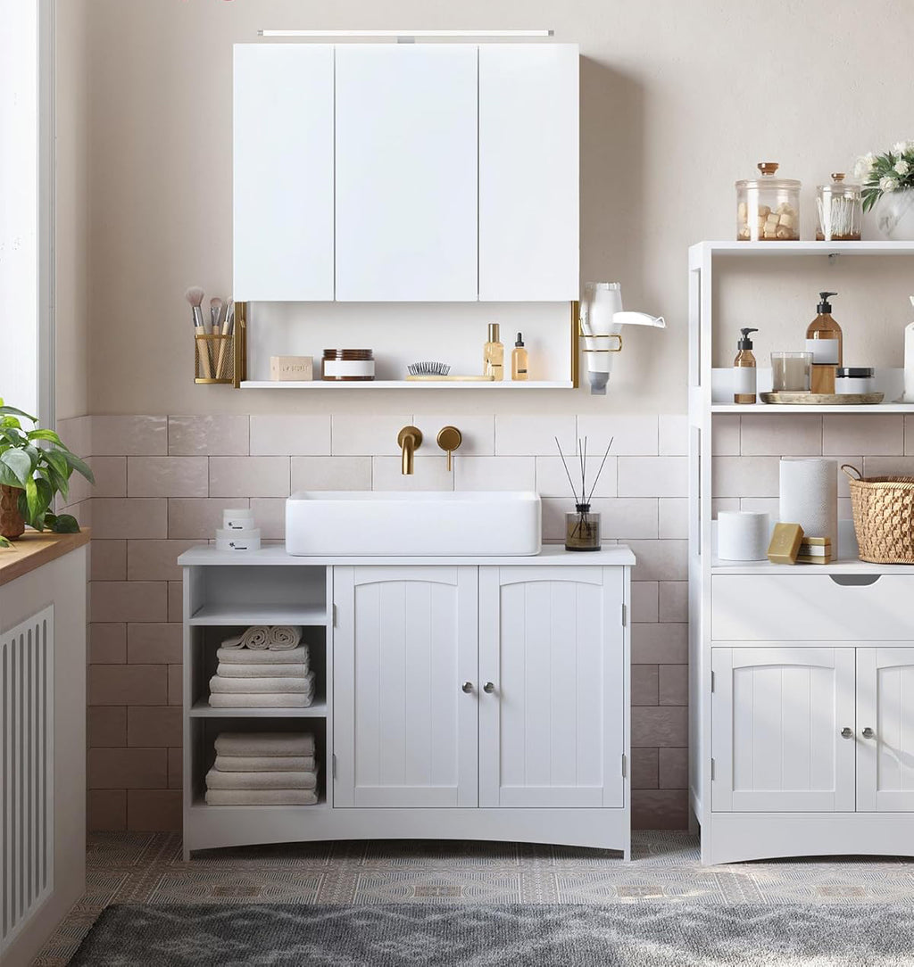 VASAGLE Dulap de baie de perete, 3 usi cu oglinda, compartiment deschis, 15x70x70 cm, alb auriu