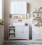 VASAGLE Dulap de baie de perete, 3 usi cu oglinda, compartiment deschis, 15x70x70 cm, alb auriu