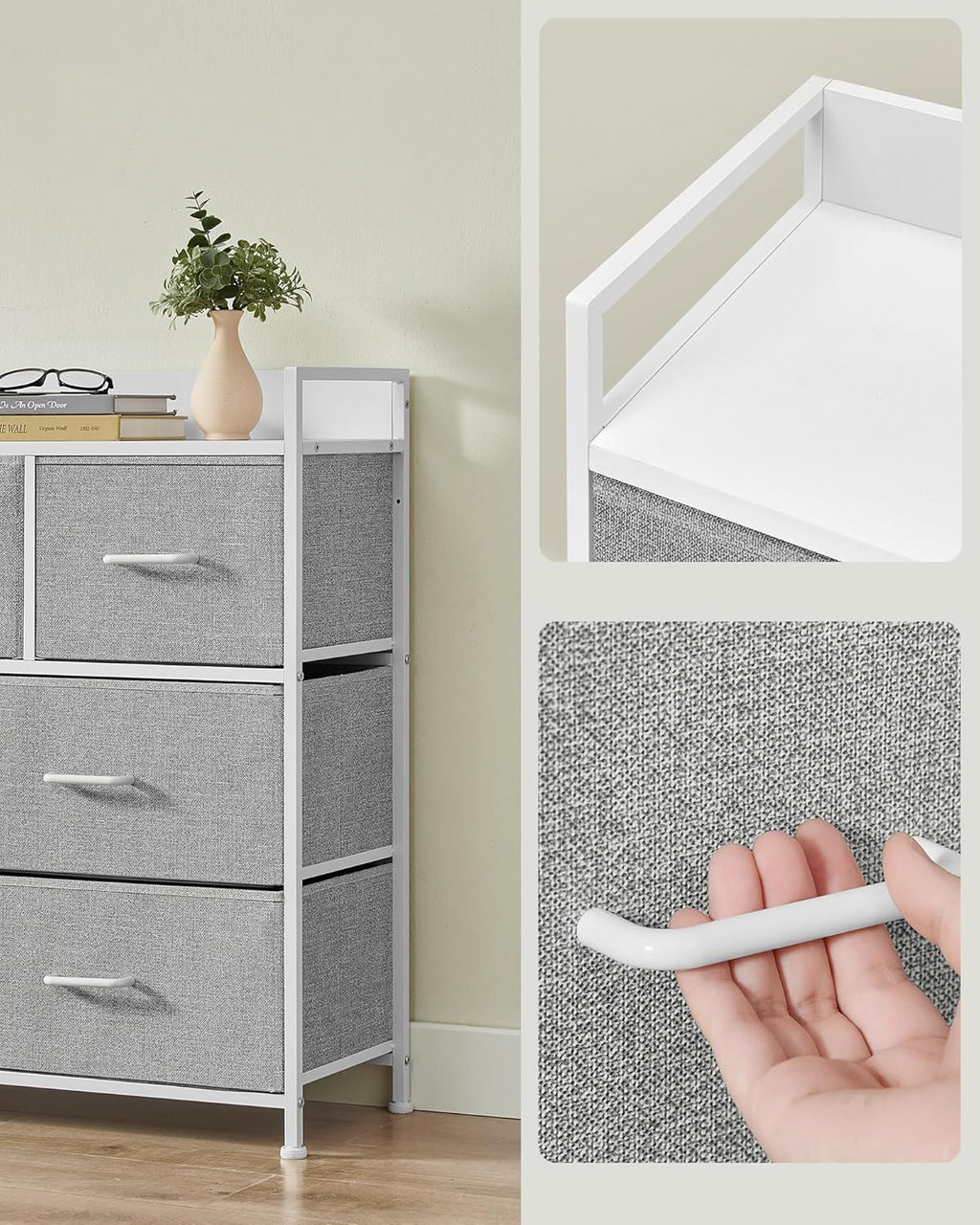 SONGMICS Comoda cu cadru metalic si 7 sertare din stofa, 29x98x85 cm , gri si alb