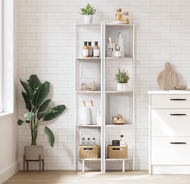 VASAGLE Raft de colt boho, cadru metalic, polite MDF si panouri poliratan, 32x32x156cm, alb