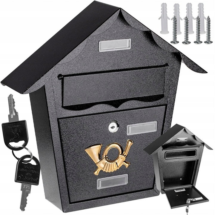 Cutie postala eleganta din metal negru, design clasic cu emblema aurie, rezistenta la intemperii, 38x38x10cm