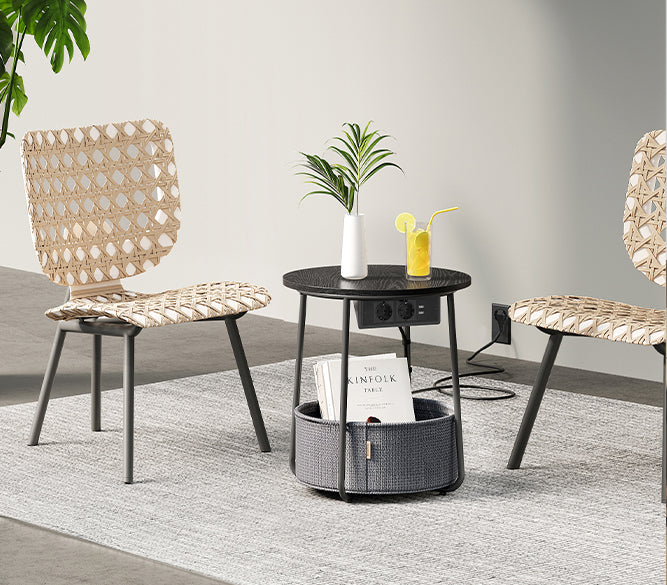 VASAGLE Masuta de cafea rotunda cu cos de stofa, statie de incarcare 2 prize si 2 USB, 45x50cm, negru