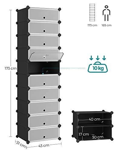 SONGMICS Dulap de depozitare pantofi modular, configurabil cu 10 compartimente, 43x31x173 cm, negru