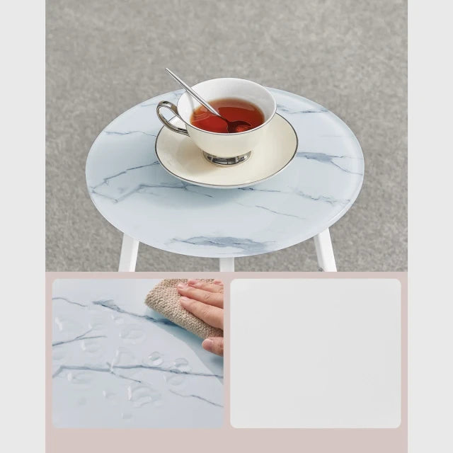 VASAGLE Masuta rotunda tip noptiera, blat din sticla si raft inferior din PAL, cadru metalic, 30x30x55 cm, alb