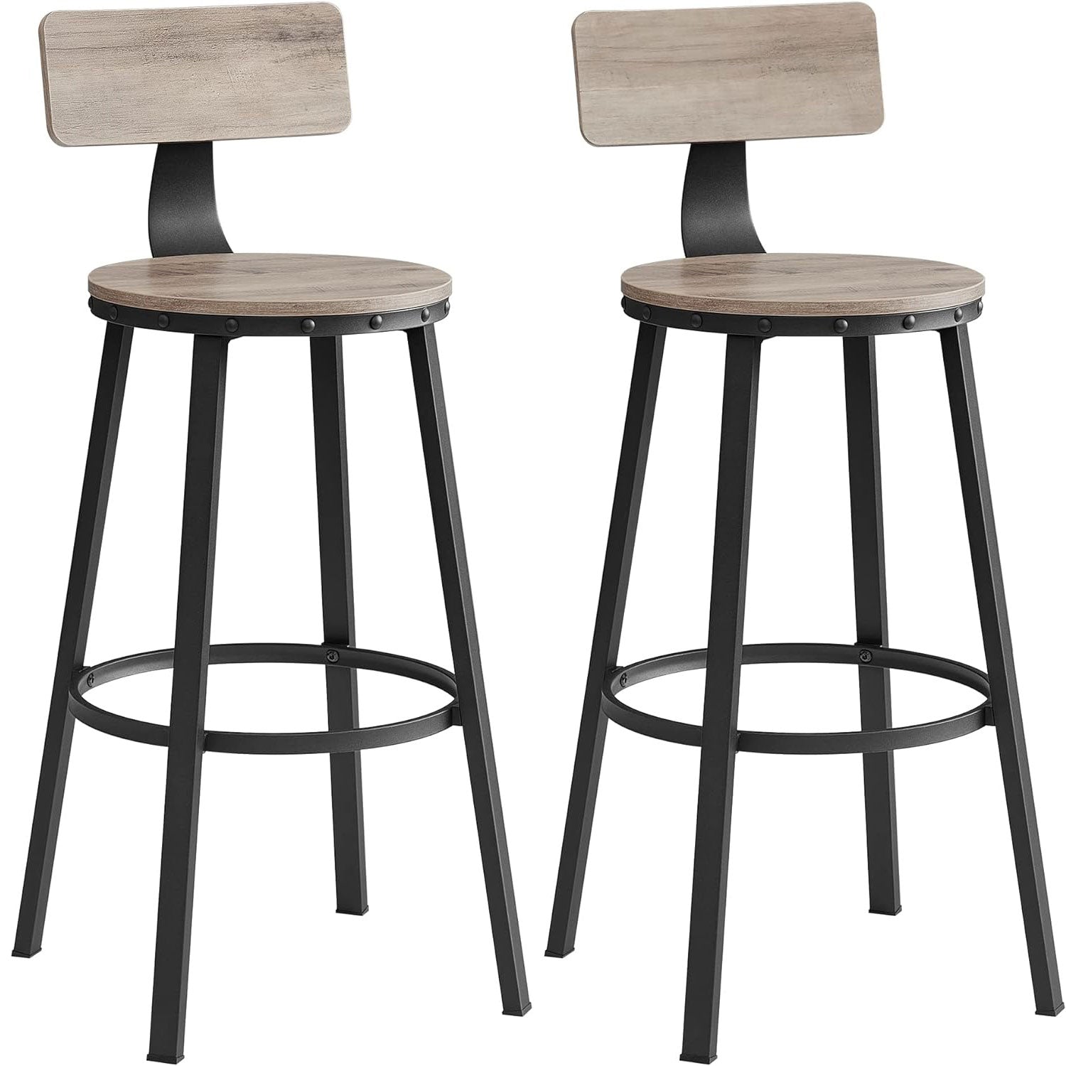 VASAGLE Set de 2 scaune de bar inalte cu spatar, cadru din otel, industrial, 54x99cm, gri stejar