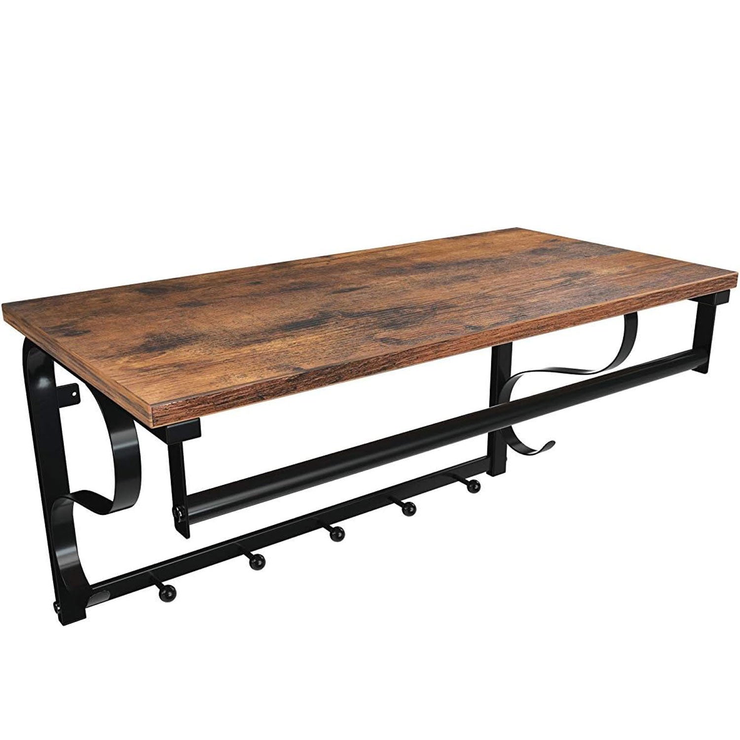 VASAGLE Cuier de perete cu raft de depozitare si sina, 5 carlige, 30x60x32 cm, maro rustic