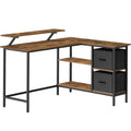 VASAGLE Birou in forma de L, suport monitor, 2 rafturi si 2 sertare, 105x135x76 cm, maro rustic