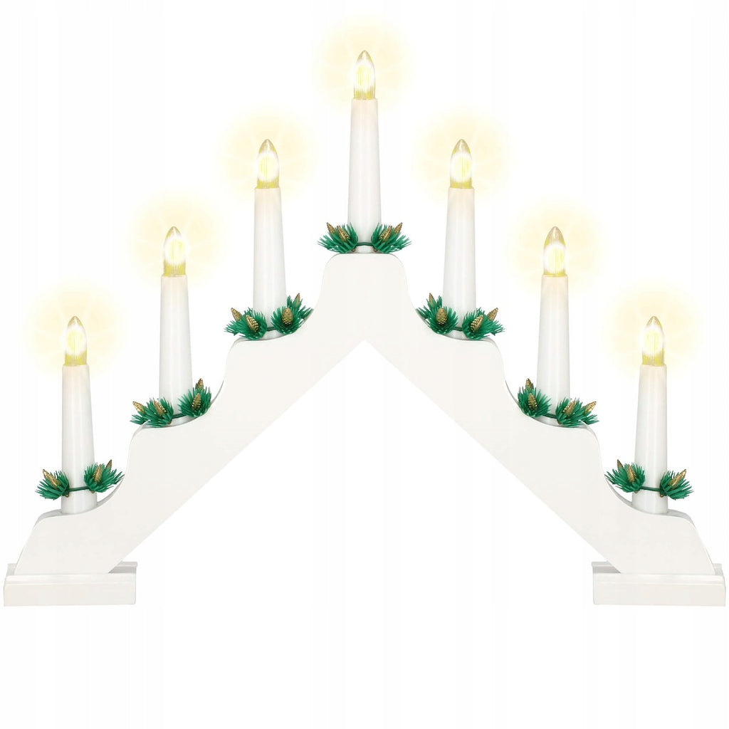 Lumanari decorative de Craciun, stand de lemn, 7 becuri tip LED, culoare alba