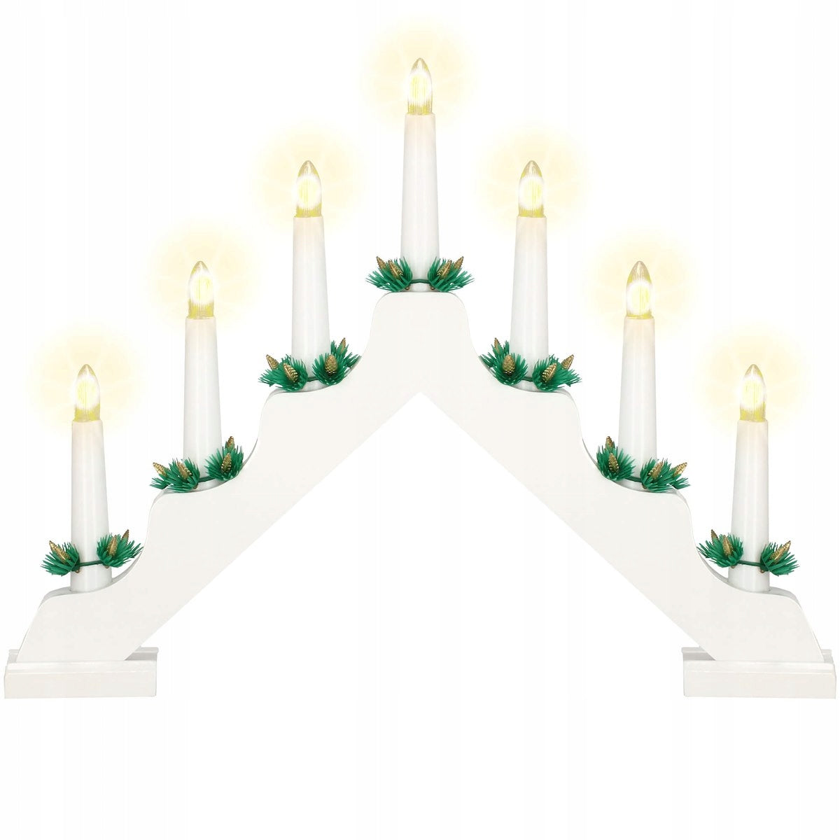 Lumanari decorative de Craciun, stand de lemn, 7 becuri tip LED, culoare alba