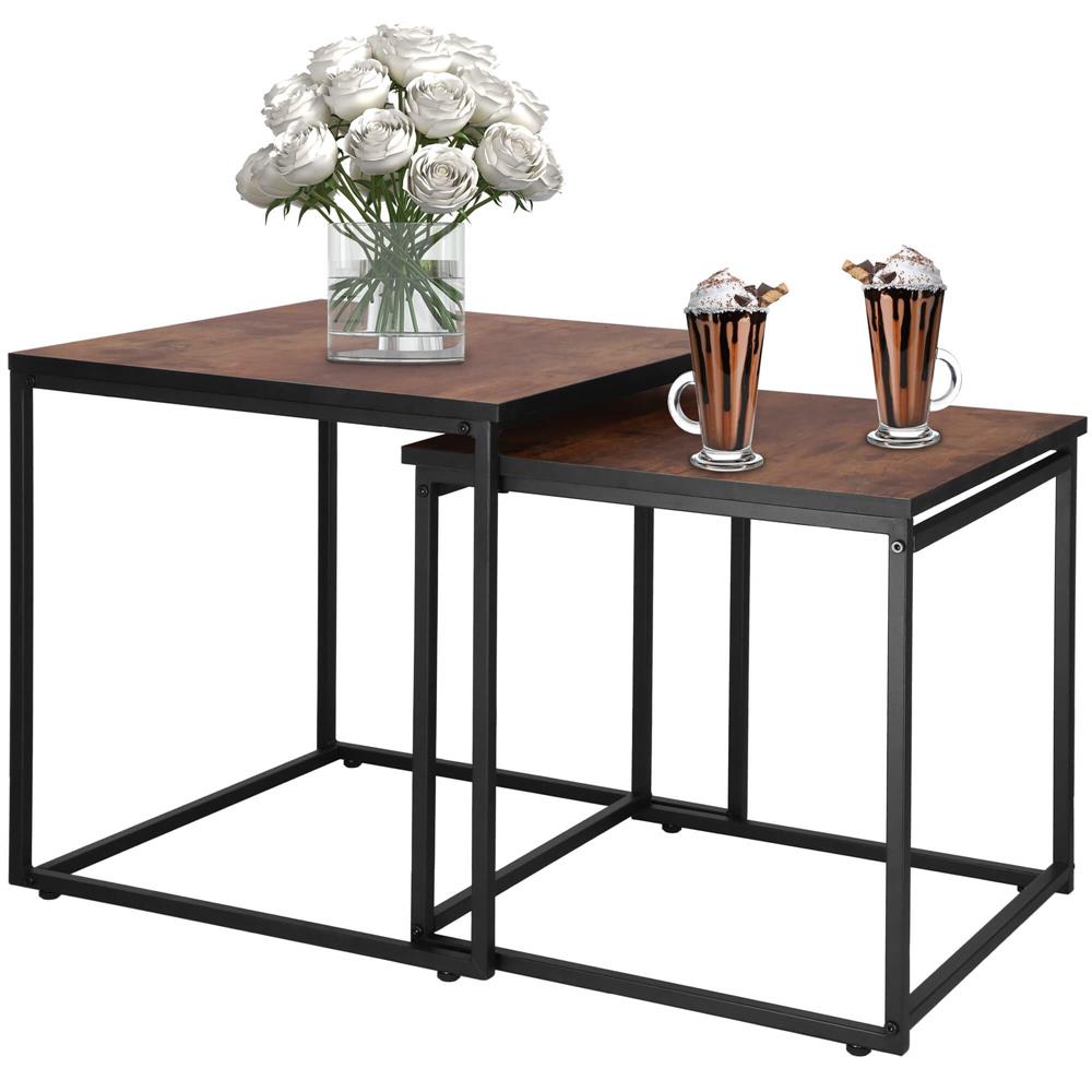 Set 2 mese pentru cafea, cadru otel, stil industrial, 50x50x52 cm si 45x45x47 cm, maro