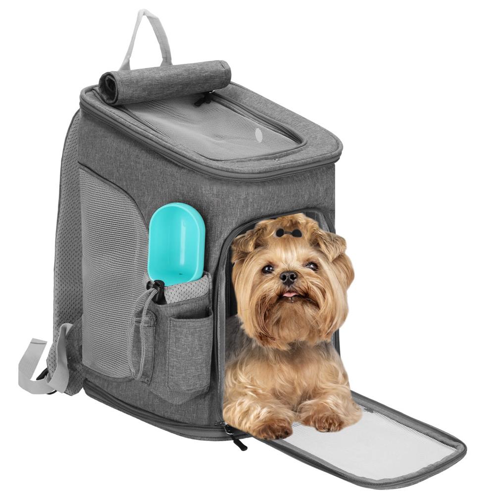 Rucsac transport animale talie mica-medie, maxim 12 kg, buzunare laterale, 39x28x27 cm, gri