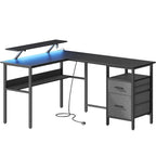 VASAGLE Birou in forma de L, suport monitor, raft si 2 sertare, 4 prize si 2 USB, 120x150x76 cm, negru