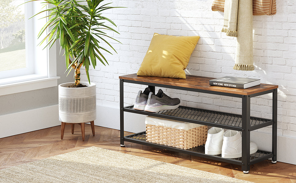 VASAGLE Raft pentru pantofi cu 2 polite, 100x30x45cm, otel, stil industrial, maro rustic si negru
