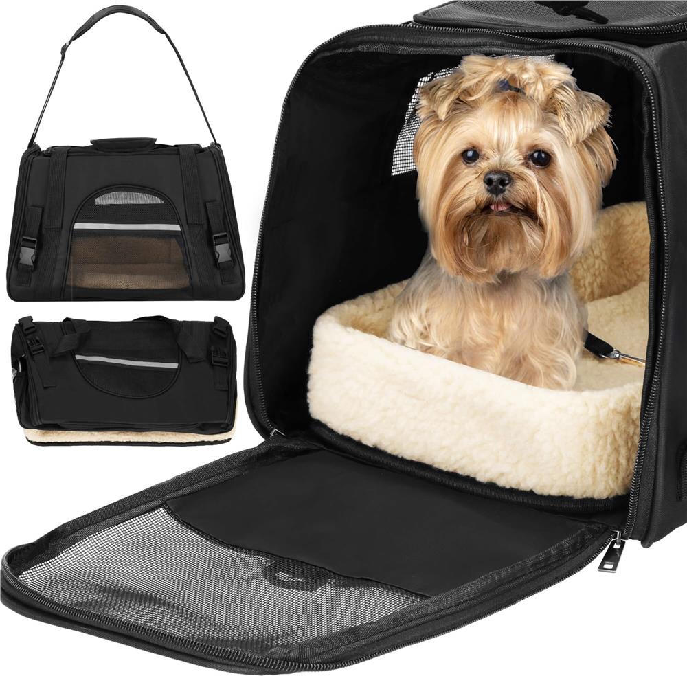 Geanta pentru transport animale mici-medii, pentru caine si pisica, cu saltea, 27x44x25 cm, negru