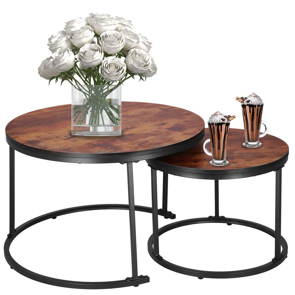 Set 2 mese pentru cafea suprapozabile, cadru otel, 70x70x47 cm si 50x50x40 cm, maro