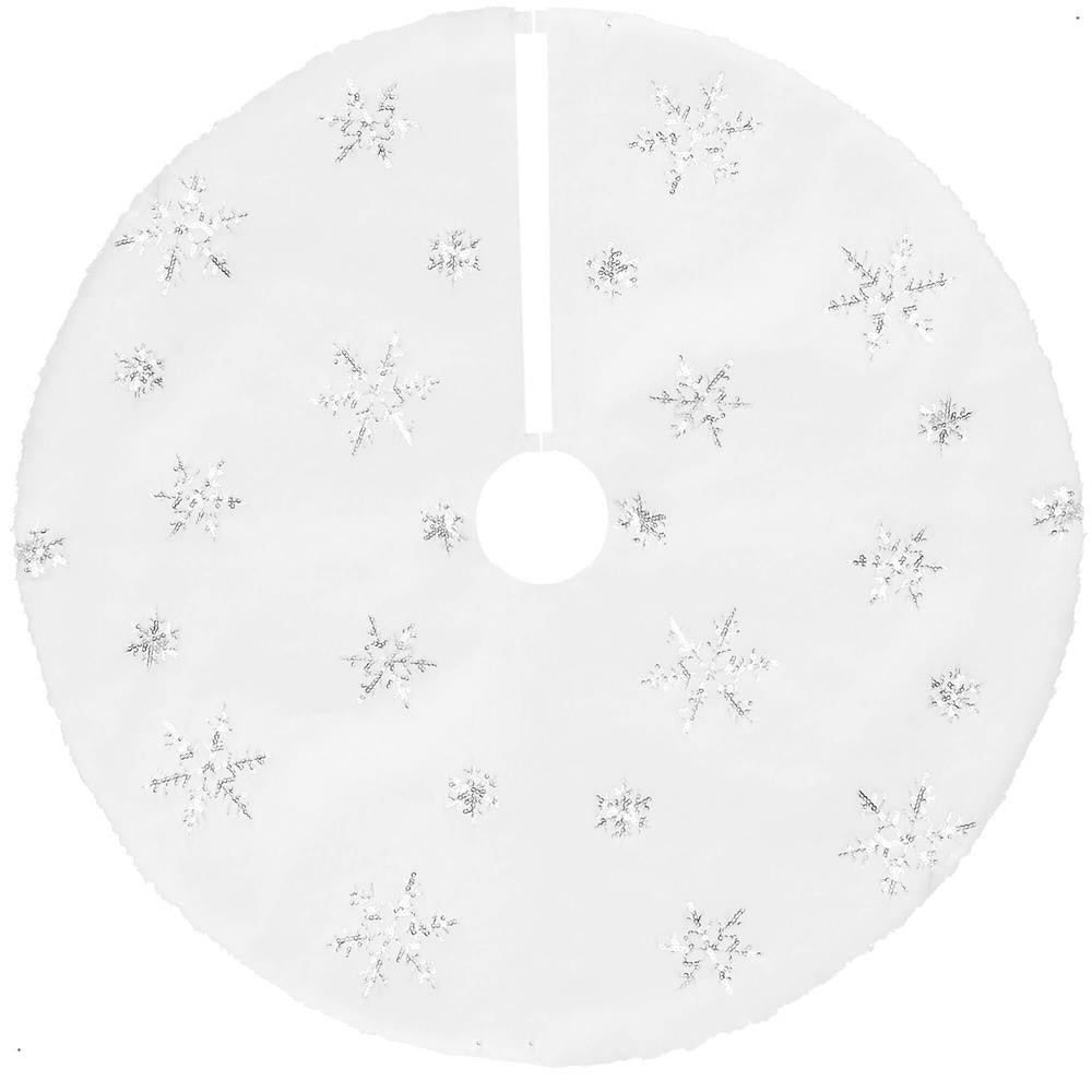 Covoras de pus sub bradul de Craciun, 55 cm, imitatie blana alba cu paiete argintii