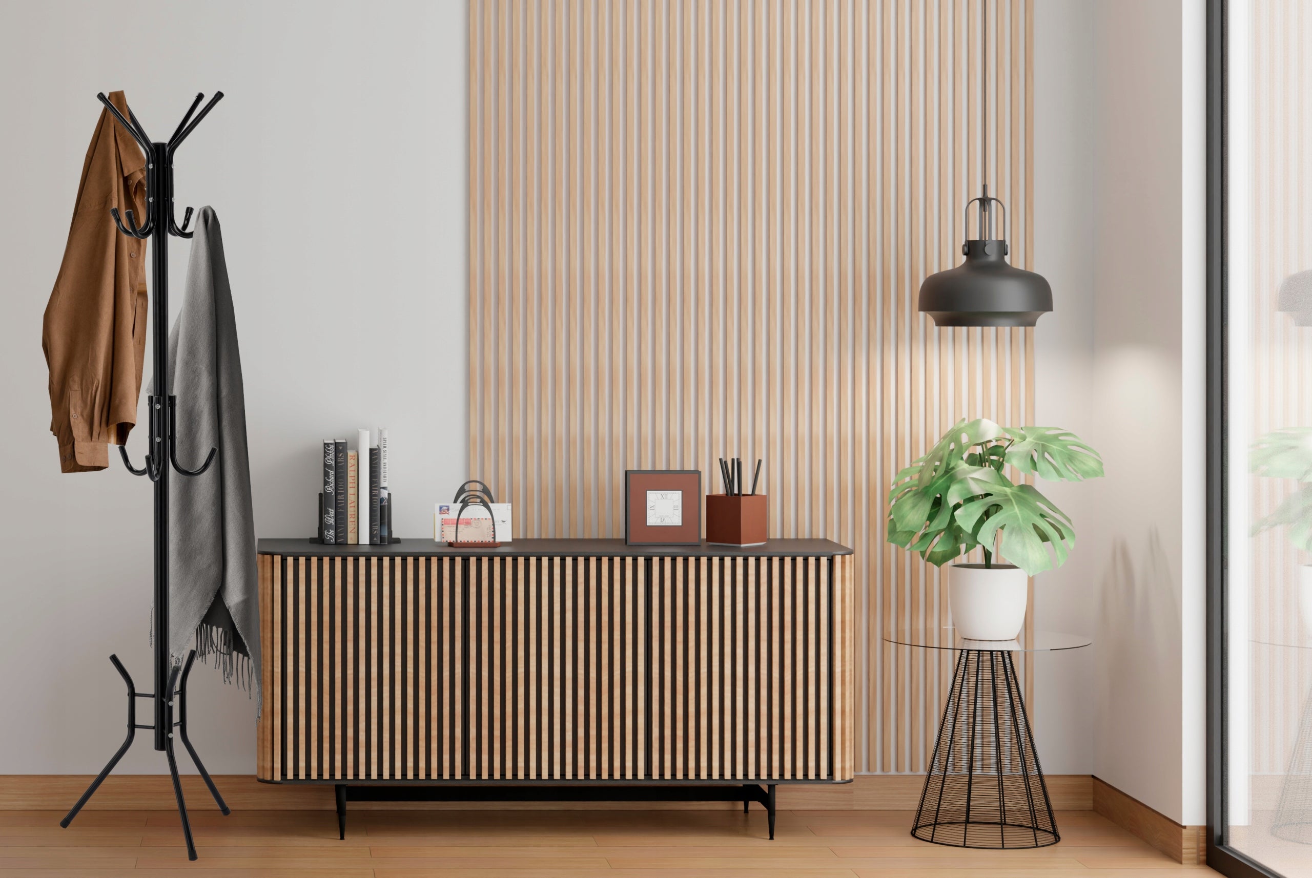 Cuier hol metalic 178 cm, 12 carlige, design minimalist, negru