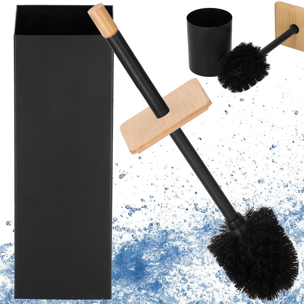 Perie WC cu rezervor detasabil si capac, din metal si bambus, 40 cm, negru