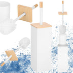 Perie WC cu rezervor detasabil si capac, din metal si bambus, 40 cm, alb