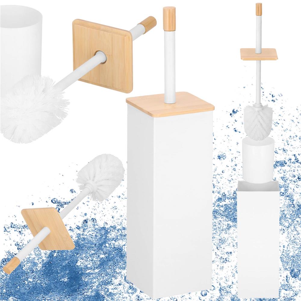 Perie WC cu rezervor detasabil si capac, din metal si bambus, 40 cm, alb