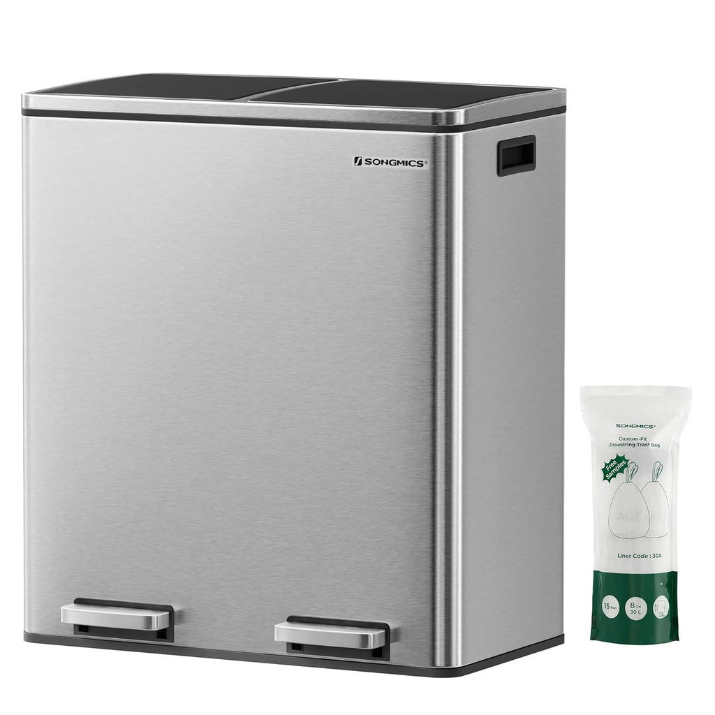 SONGMICS Cos de gunoi din inox cu 2 compartimente colectare selectiva, cu galeti interioare, 2x30litri, argintiu