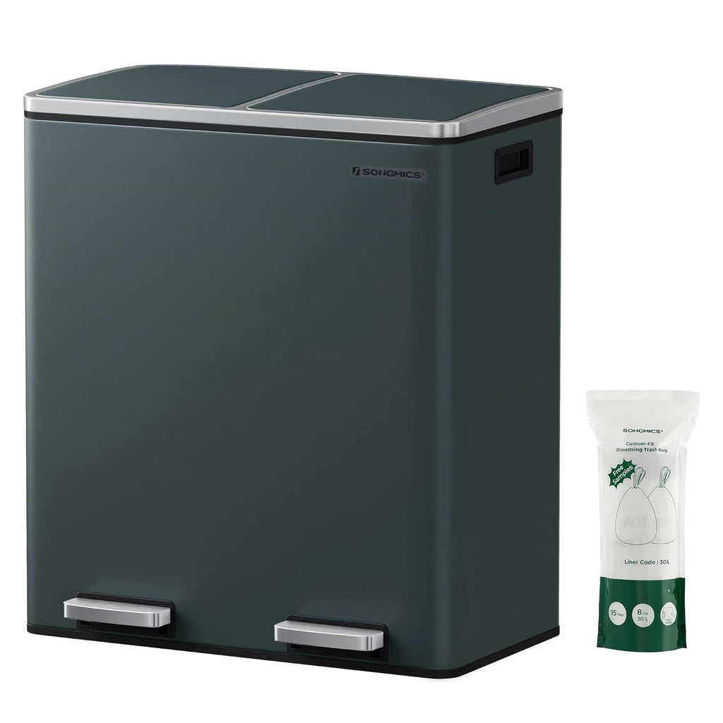 SONGMICS Cos de gunoi din inox cu 2 compartimente colectare selectiva, cu galeti interioare, 2x30litri, gri inchis