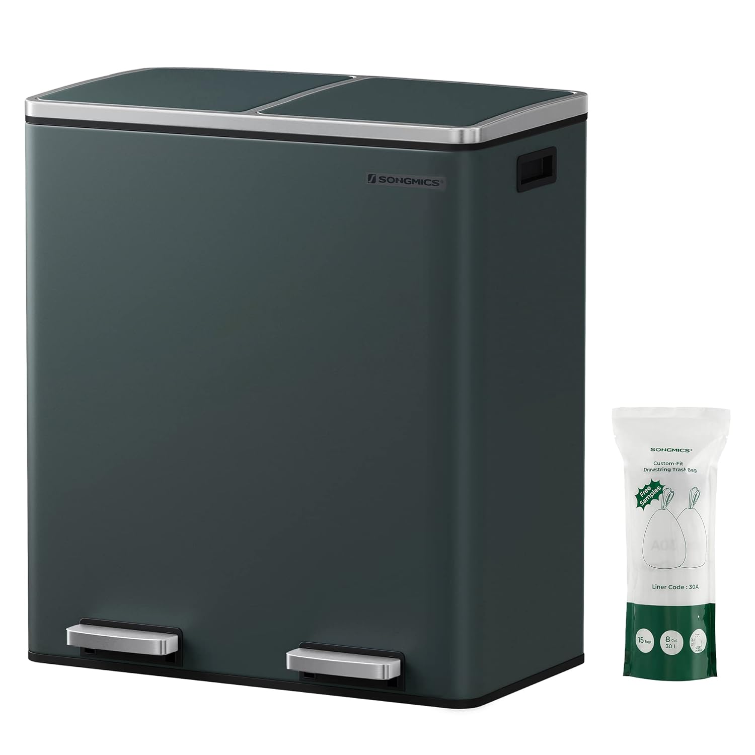 SONGMICS Cos de gunoi din inox cu 2 compartimente colectare selectiva, cu galeti interioare, 2x30litri, gri inchis