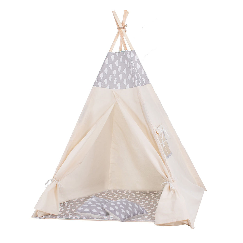 Cort copii  stil indian Teepee Tent cu fereastra, covoras gros si 2 perne, alb gri cu norisori
