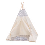Cort copii  stil indian Teepee Tent cu fereastra, covoras gros si 2 perne, alb gri cu norisori