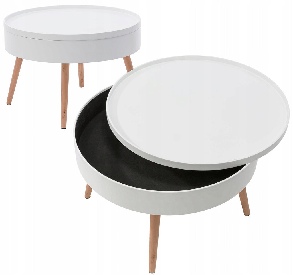Masuta de cafea rotunda 60x40 cm, cu blat detasabil si spatiu depozitare, picioare din lemn de pin, alba