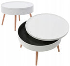 Masuta de cafea rotunda 60x40 cm, cu blat detasabil si spatiu depozitare, picioare din lemn de pin, alba
