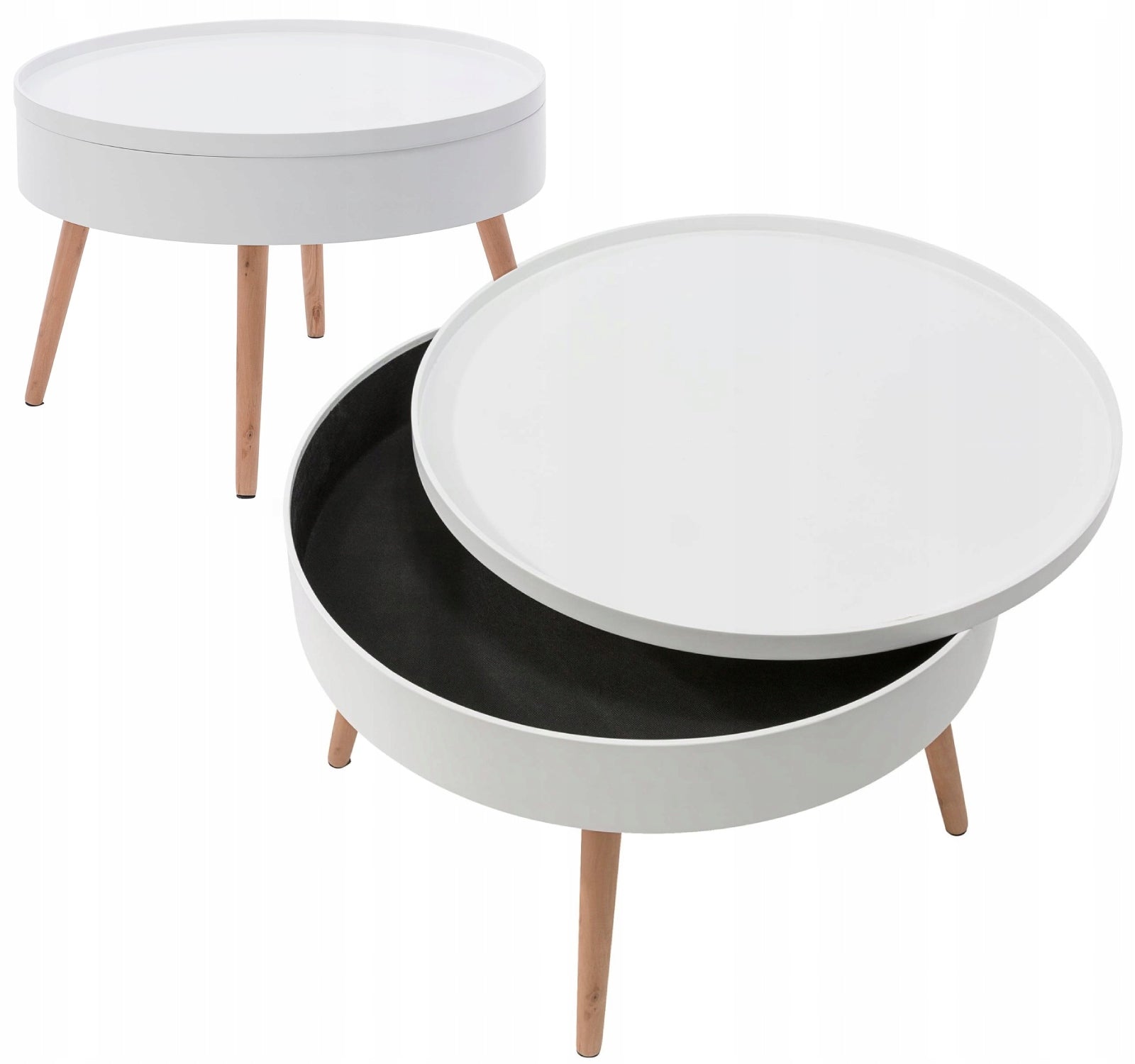 Masuta de cafea rotunda 60x40 cm, cu blat detasabil si spatiu depozitare, picioare din lemn de pin, alba