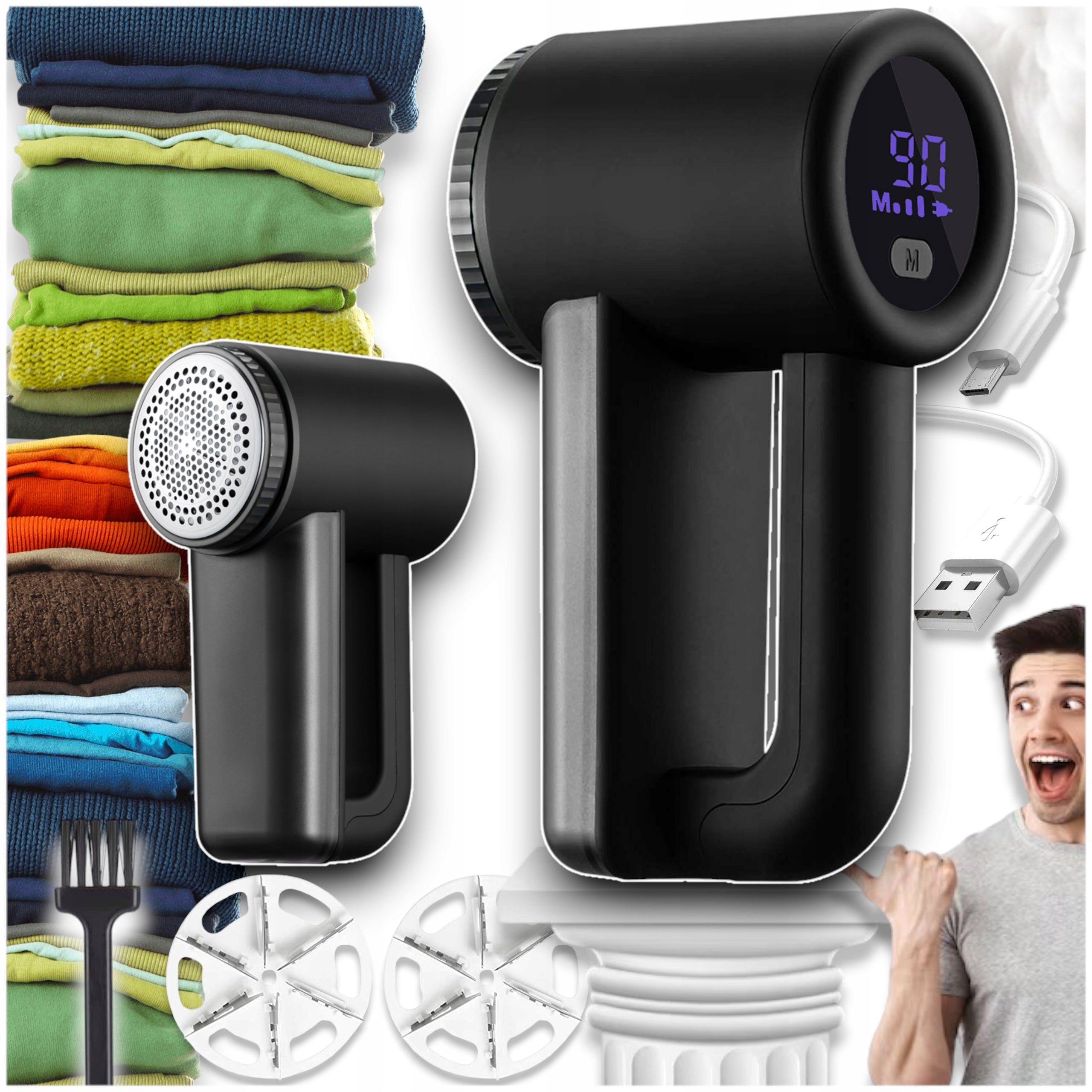 Aparat de curatat scame, 3 trepte, afisaj LCD, incarcare USB, pentru toate tipurile tesaturi