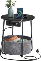 VASAGLE Masuta de cafea rotunda cu cos de stofa, statie de incarcare 2 prize si 2 USB, 45x50cm, negru