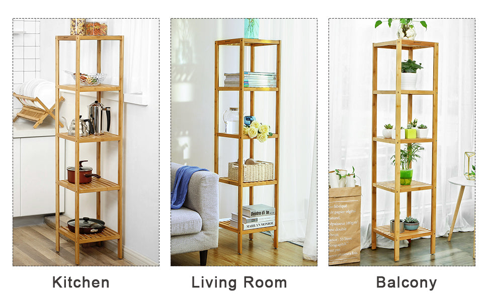 SONGMICS Raft de depozitare din bambus, 5 polite, pentru bucatarie sau baie, 146x33x33cm, maro natural