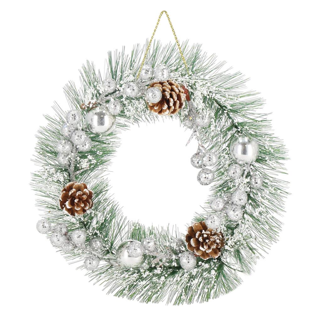 Coronita pentru Craciun, 24 cm, din brad artificial, cu conuri si zapada, verde