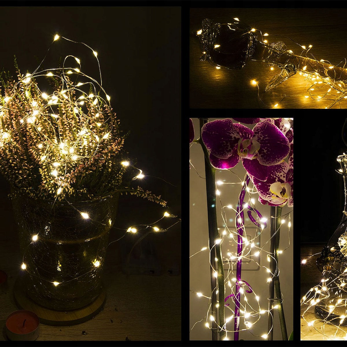 Instalatie lumina decorativa cu 100 LED-uri, 5m, cu alimentare pe baterii, iluminare galbena