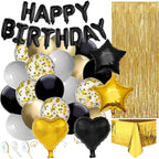 Set 46 baloane si decoratiuni, Happy Birthday, incluse fata de masa si perdea negru auriu