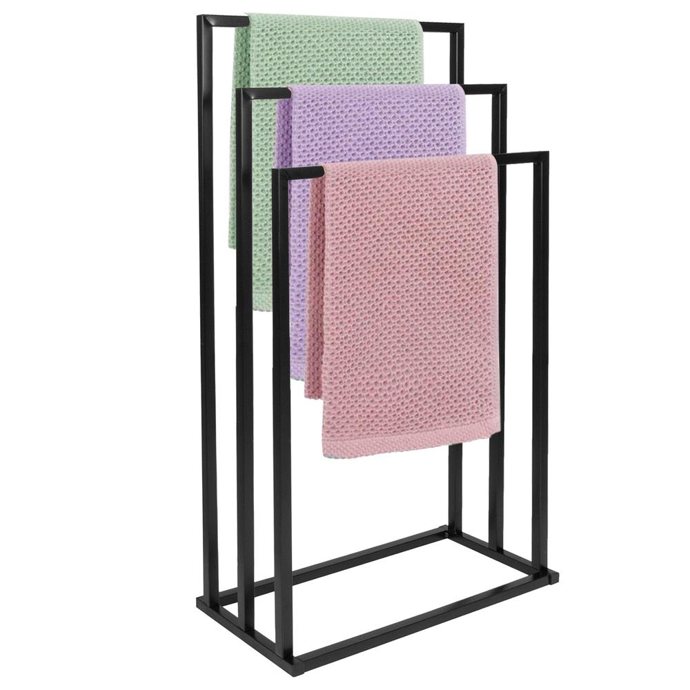 Suport metalic de baie pentru prosoape, cu 3 standuri, 84 cm, negru