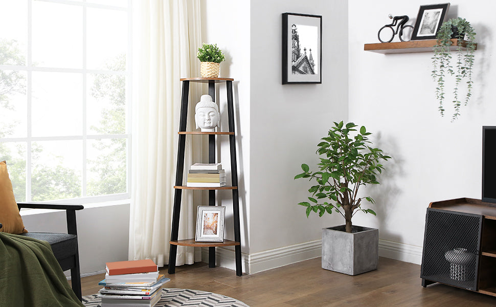 VASAGLE Raft de colt cu 4 etaje, tip biblioteca, cadru metal si polite lemn, industrial, 34x34x125cm, maro rustic