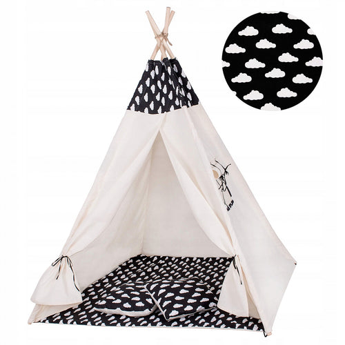 Cort copii  stil indian Teepee Tent cu fereastra, covoras gros si 2 perne, alb negru cu norisori