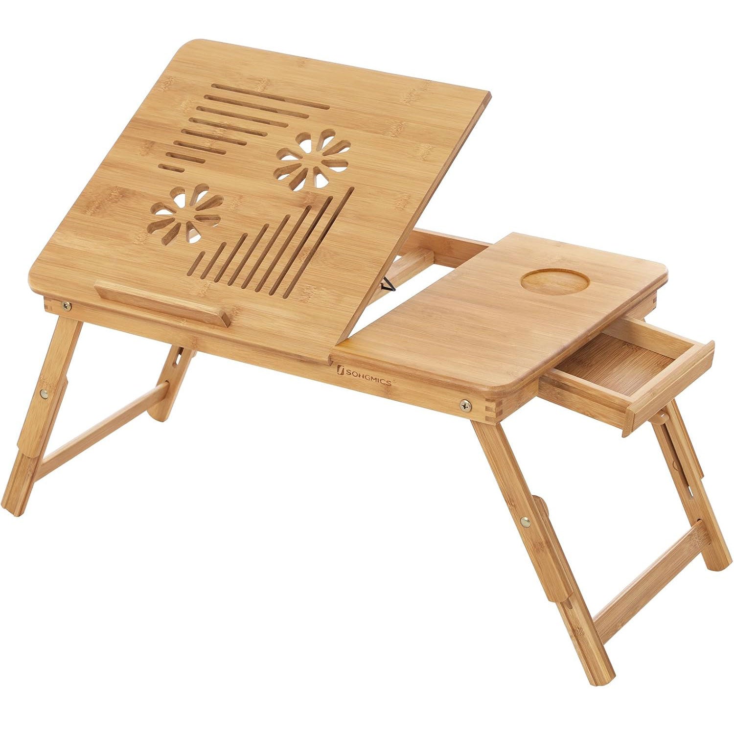 SONGMICS Masa de pat pentru laptop, plabila si reglabila, bambus, 55x35x29 cm, maro