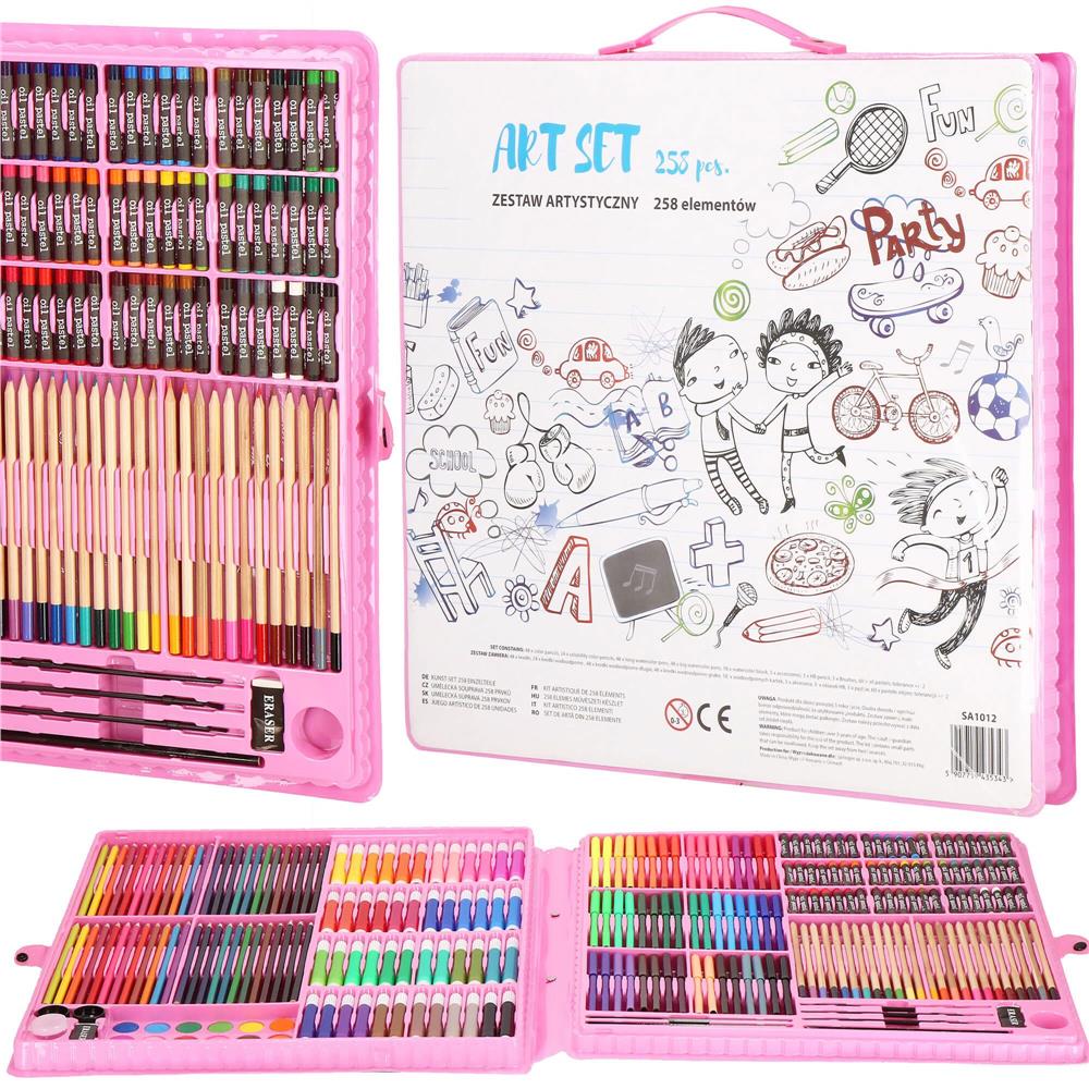 Set de pictura si desen pentru copii, 258 de piese, trusa plastic roz