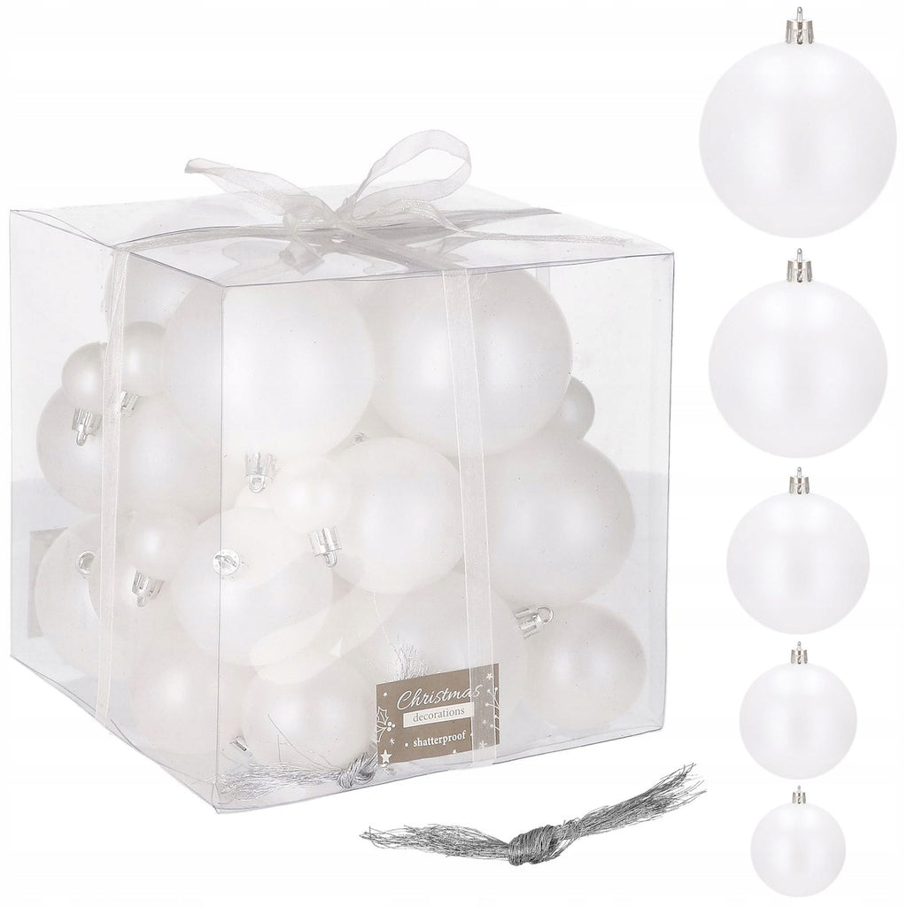 Set globuri de Craciun, 37 bucati, 3-8cm, alb perla